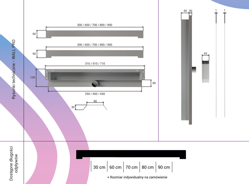 Rysunek techniczny odpływu ściennego WALL PRO CED'OR