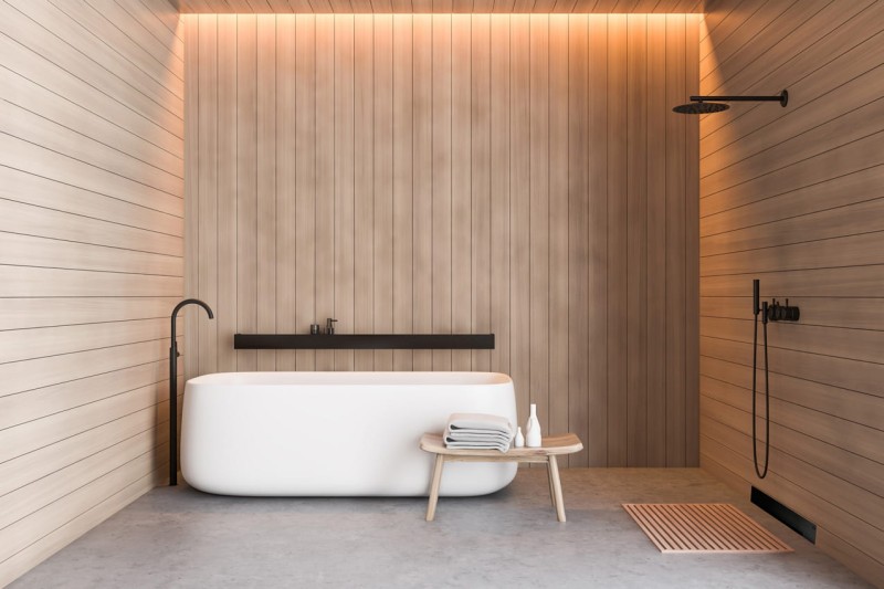 Wizualizacja łazienki z motywem drewna z czarą armaturą oraz super niskim odpływem ściennym WALL PRO