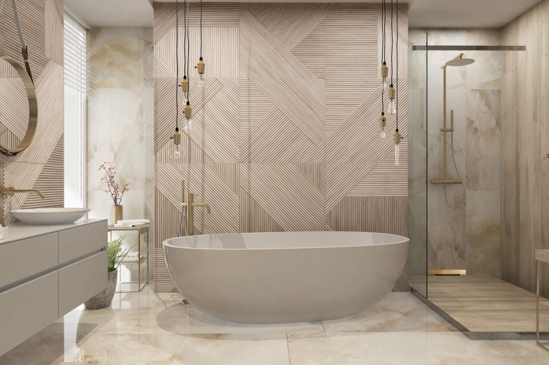 Wizualizacja jasnej łazienki ze złotym odpływem ściennym WALL PRO