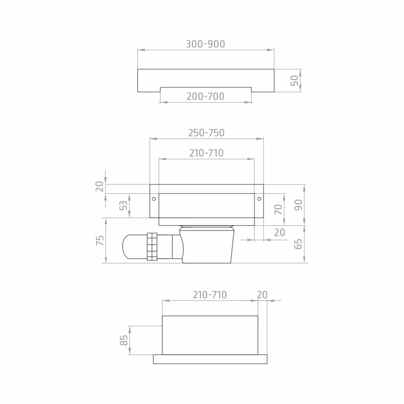 Rysunek techniczny odpływu ściennego z serii Classic