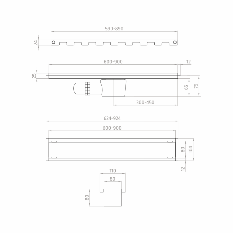 Rysunek techniczny odpływu liniowego z serii Basic