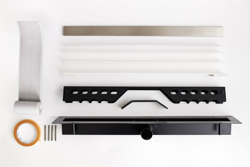 Zdjęcie elementów zestawu super niskiego odwodnienia łazienkowego LINE PRO