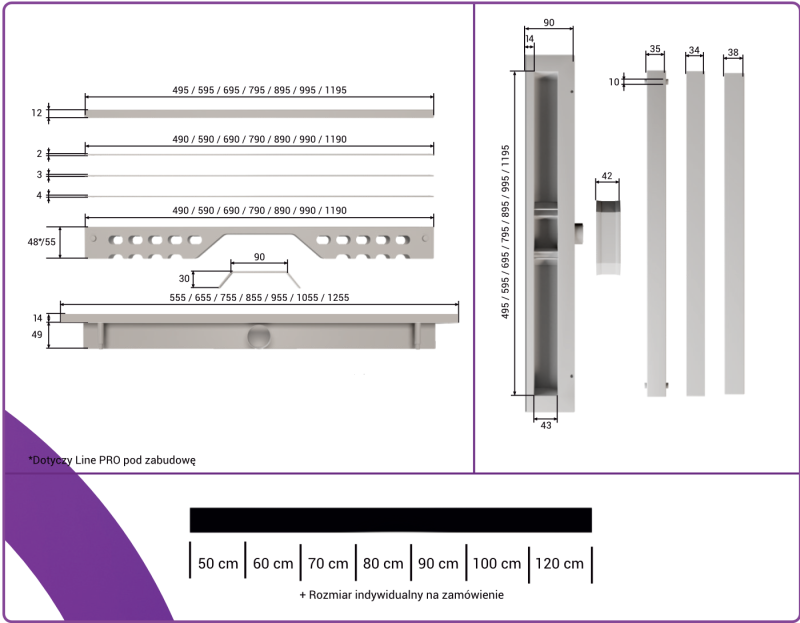 Rysunek techniczny niskiego liniowego przyściennego odpływu łazienkowego LINE PRO