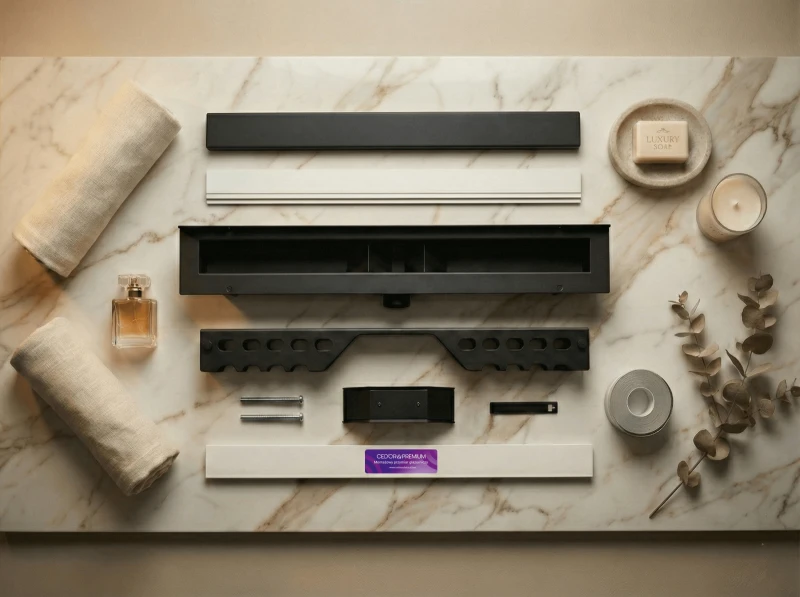 Czarny odpływ liniowy przyścienny rozłożony