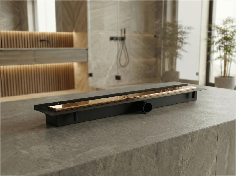 Odpływ liniowy przyścienny różowe złoto na tle łazienki