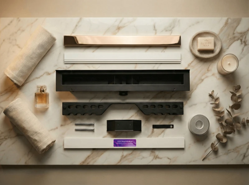 Rozłożony odpływ przyścienny LINE PRO różowe złoto błyszczące.