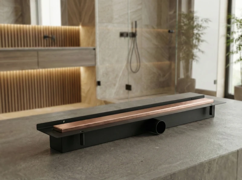 Odpływ przyścienny różowe złoto LINE PRO na tle łazienki