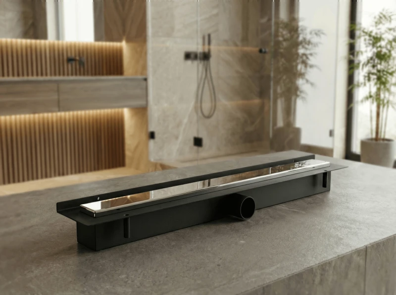 Odpływ liniowy przyścienny stalowy błyszczący LINE PRO na tle łazienki