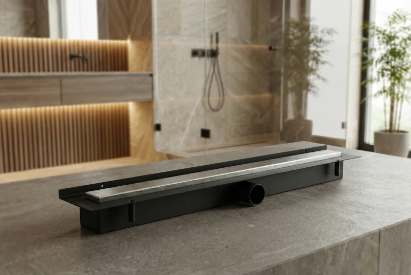 Stalowy odpływ liniowy przyścienny na tle łazienki