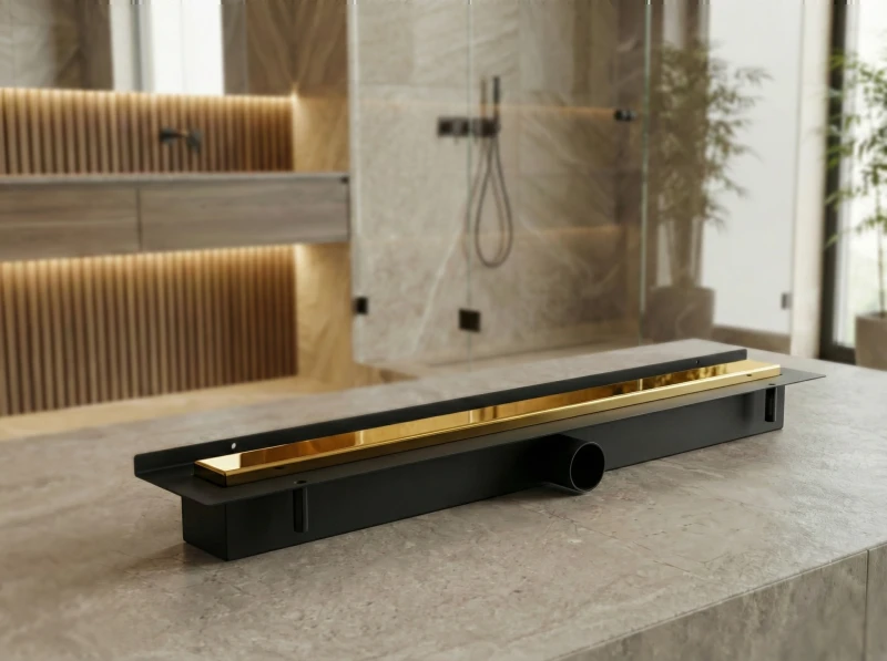 Odpływ przyścienny złoty błyszczący LINE PRO na tle łazienki.