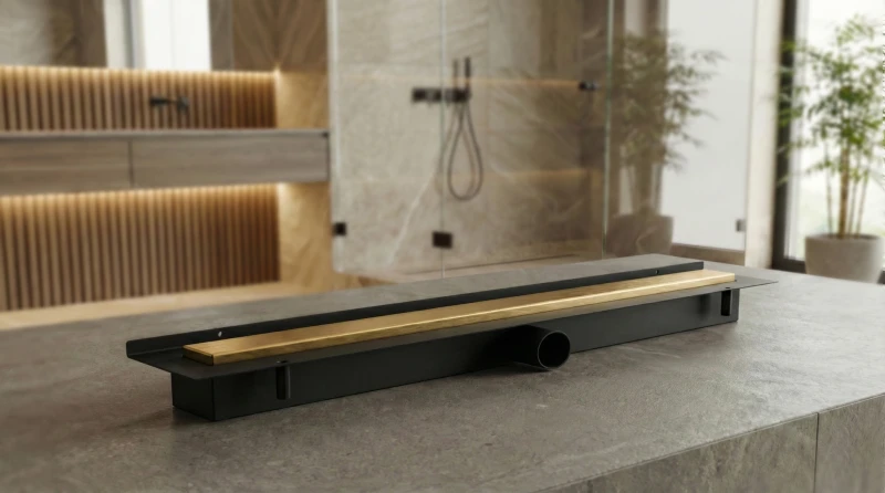 Złoty odpływ liniowy przyścienny LINE PRO na tle łazienki