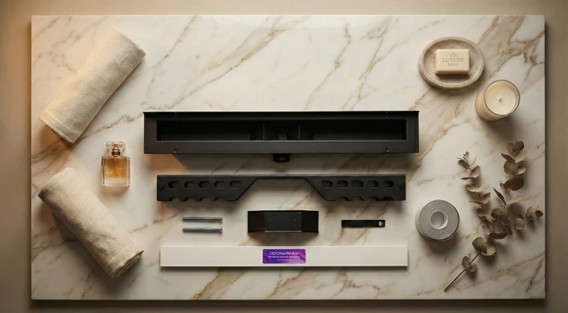 Rozłożone elementy odpływu liniowego przyściennego LINE PRO