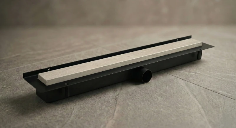 Odpływ liniowy przyścienny do zabudowy płytką złożony z przykładową maskownicą z płytki.