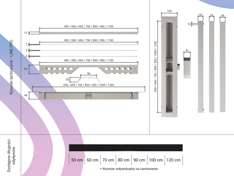 Rysunek techniczny super niskiego odpływu liniowego LINE PRO CED'OR