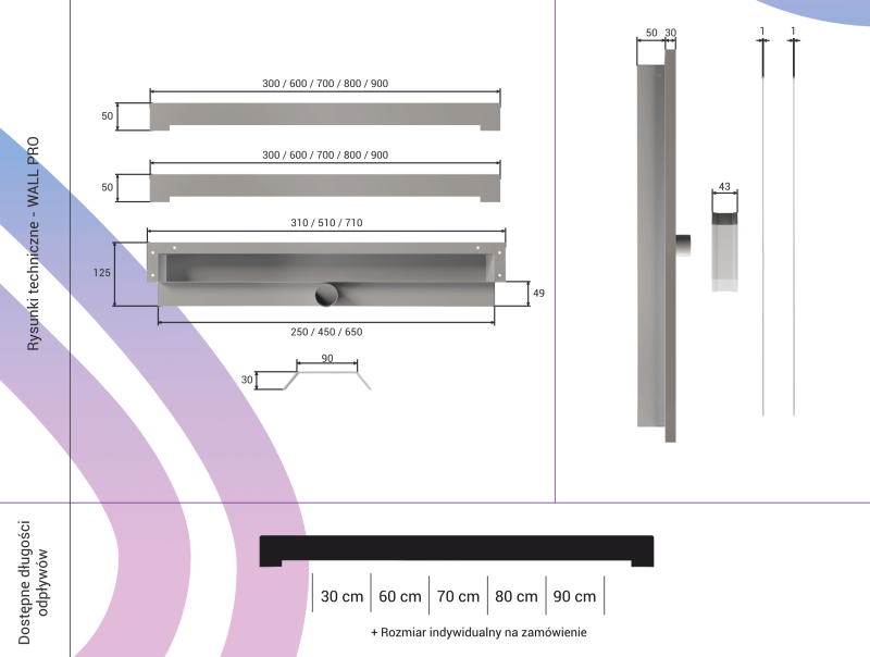 Rysunek techniczny odpływu łazienkowego ściennego WALL PRO