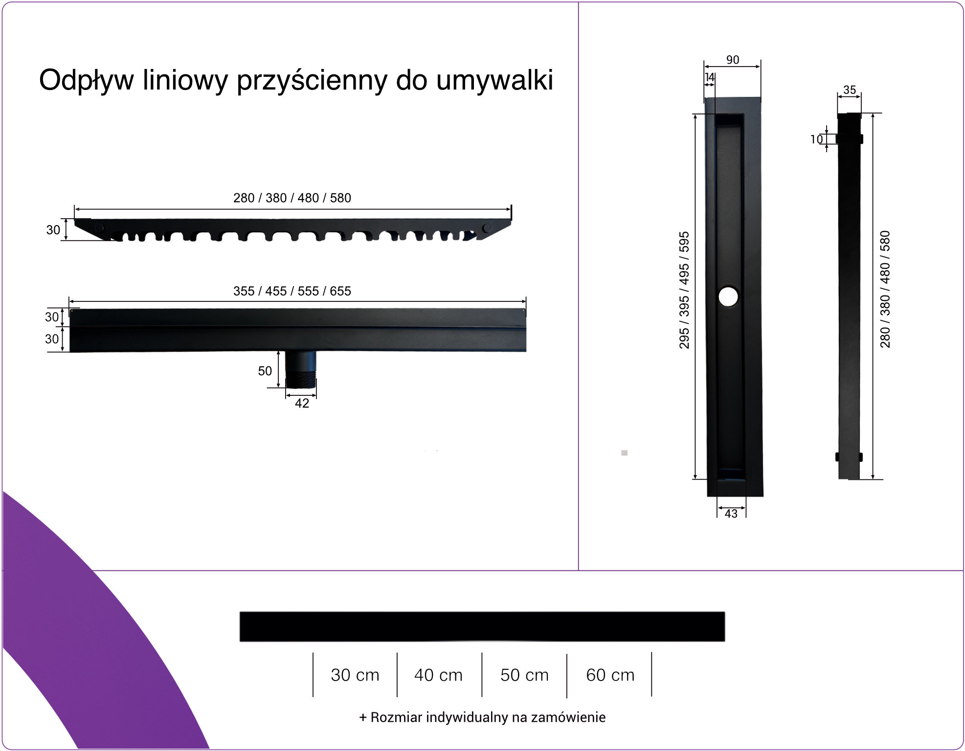 Rysunek techniczny odpływu liniowego do umywalki przyściennego pod zabudowę płytką