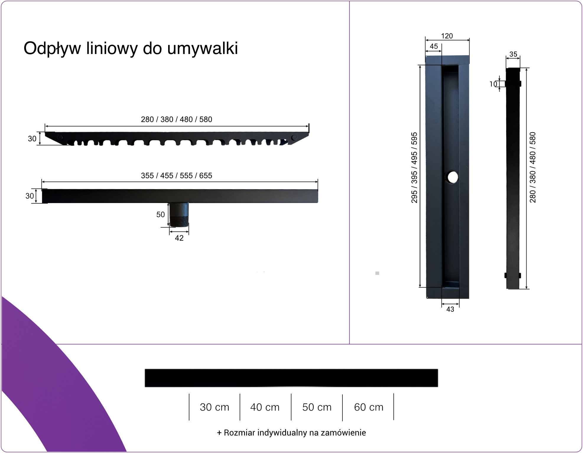 Rysunek techniczny odpływu liniowego do umywalki pod zabudowę płytką