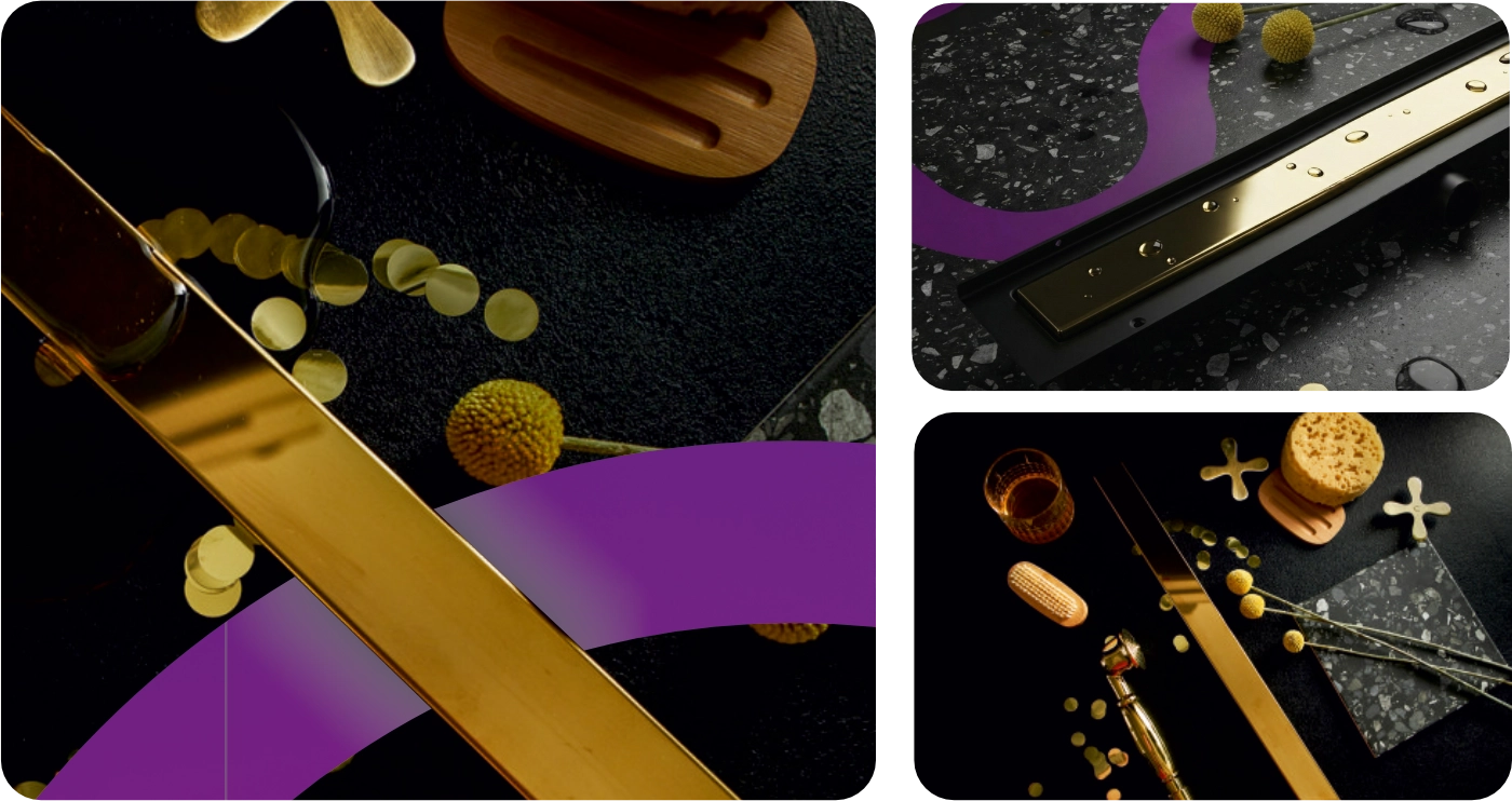 Złoty odpływ liniowy przyścienny LINE PRO naturalne złoto szczotkowane