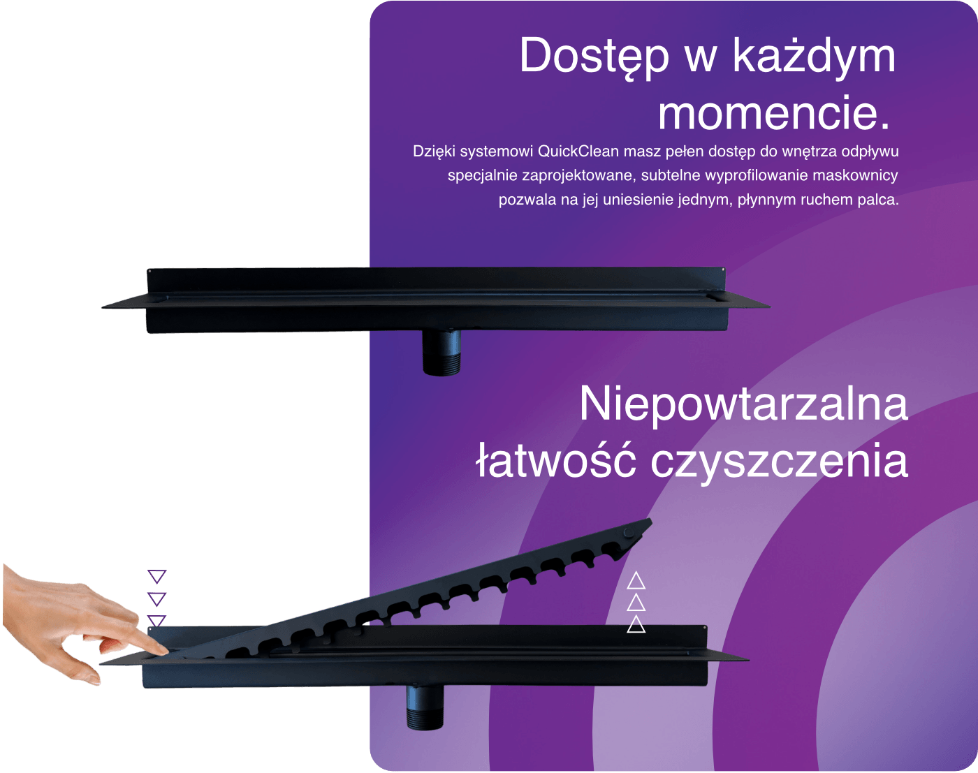 Grafika pokazująca system QuickClean w odpływie do umywalki - łatwe wyciąganie maskownicy odpływu