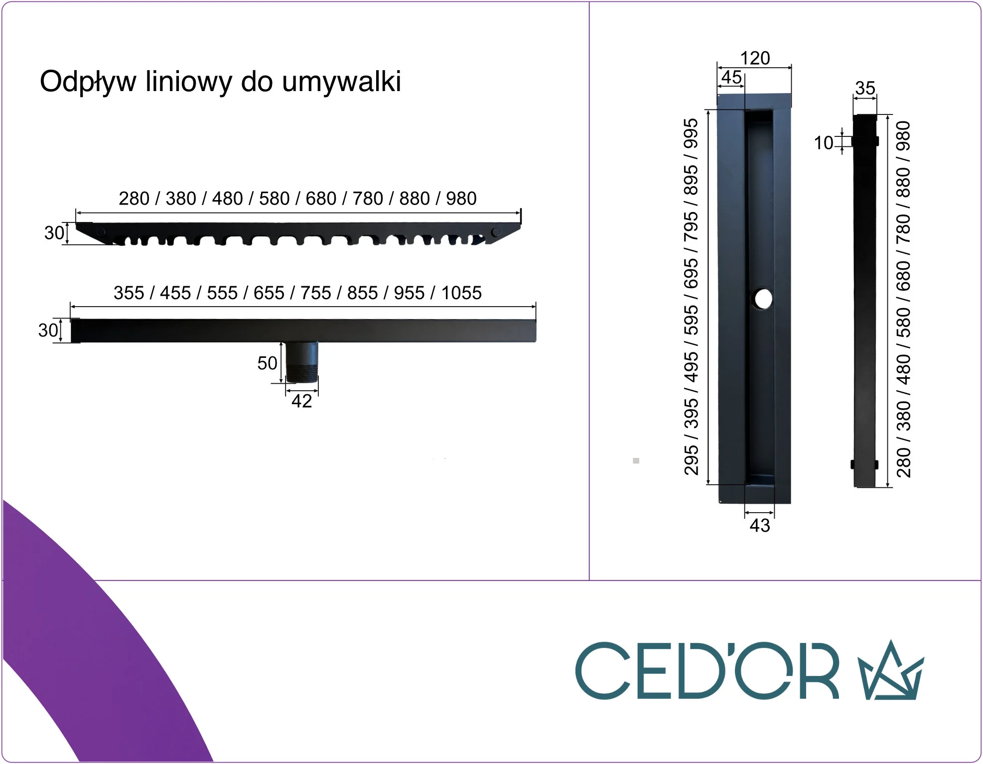 Rysunek techniczny odpływu liniowego do umywalki pod zabudowę płytką
