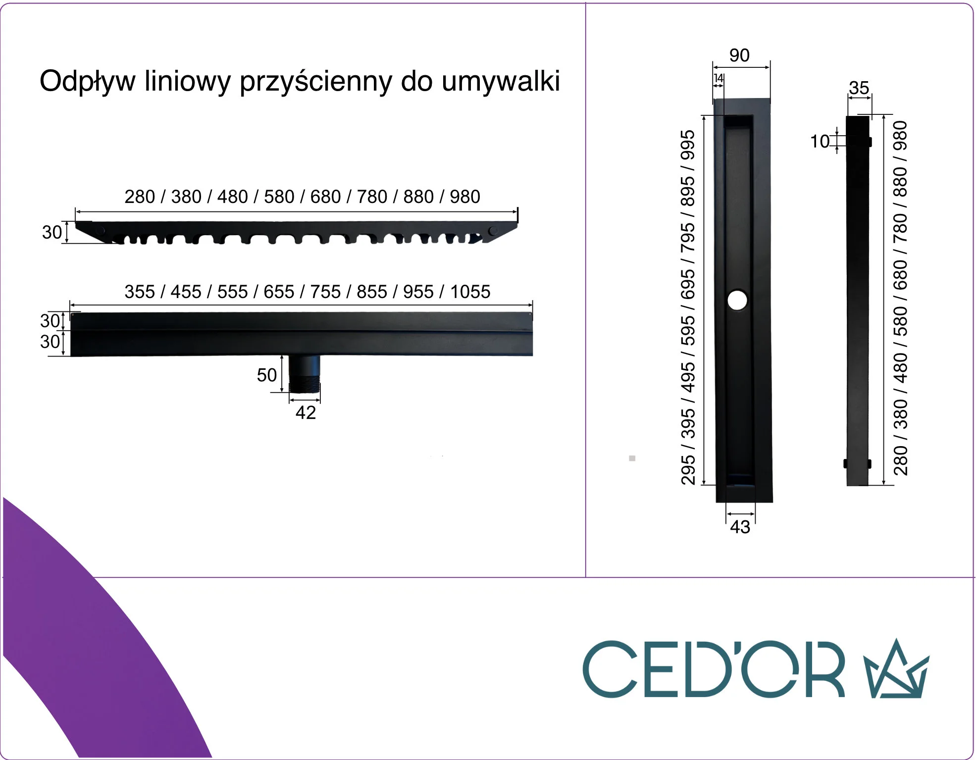 Rysunek techniczny odpływu liniowego do umywalki przyściennego pod zabudowę płytką
